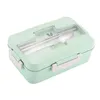 Dinnerware Sets Wheat Straw Bento Box Lunch For Student Office Worker 3 Compartments Container Storage With Lid & Utensils