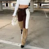 Kvinnors jeans kvinnors mode y2k lappt￤cke design denim spandex bomull streetwear raka byxor h￶g midja tofs byxor
