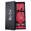 Bow Ties Hi-Tie Red Paisley Box Luxury For Men Hanky ​​Cufflinks Set Silk Slips Formella klänningar Gifter Mäns slips Bröllopsverksamhet