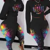 Nieuwe herfst damesbrief bedrukt tweedelig broek set mode mode lange mouw crop top inkt splash high taille leggings jogger sets