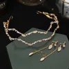 Collana Orecchini Set Semplice Moda Nuziale Color Oro Strass Perle Simulate Fasce Con Ciondolo Orecchino Capelli Frangia Tenere