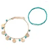 Pulseras de eslabones 2 Unids / set Estilo bohemio Cuerda verde de pulsera de cuentas Tejido a mano Amor Moneda redonda Encanto Pulseras Brazalete Mujer Chica Regalo de playa