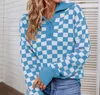 Sonbahar Örgü Dama Tahtası için Kadın Sweaters Baskı Uzun Kollu Yakası Düğmesi Gevşek Elbise Kazak Üstleri