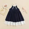 Girl Dresses Girls Summer Casual Dress Splicing Color Spaghetti Strap Sleeveless OnePiece For Kids 3-8 Years Navy Blue/Yellow