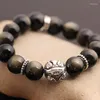 Strand JoursNeige Golden Black Natural Obsidian Stone Bracelets Round Beads With Tibetan Silver Pixiu For Couples Jewelry