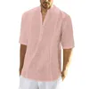 Mäns casual skjortor herrar mode fast färg knapp bomullslinne skjorta kort ärmjacka toppblus harjauku
