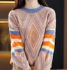 Sweater Women Fashion Kineco O-Neck tira del jersey moderno de manga larga Patchwork Suéteres gruesos