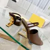 First Black leather high-heeled sandals Shoes with wide band strap Made of leather Diagonal F-shaped sculpted heel gold-coloured slingbacks metal box Size 35-43