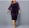 Casual Dresses Round Neck Stitching Shiny Slim Party Loose Dress Mesh Patchwork Three-quarter Sleeve Mid-length Women's Plus Size M-5XL