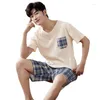 Men's Sleepwear 2Piece Set Men's Short Sleeve Shorts Pajamas Cotton Summer Thin Lounge Wear Fashion Plaid Home Clothes For Student Plus