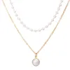 Rétro or argent couleur Simple tour de cou tempérament Double couche clavicule chaîne femme pendentif collier de perles pour femmes fille cadeau