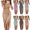 Sıradan Elbiseler 2022 Sonbahar Seksi Mizaç Üç çeyrek kollu kafa sarar Kalça yarıkları tek kelimelik yakalı parlak düz renkli kadın elbise