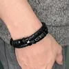 Charm Bracelets Punk Genuine Double Layer Men Leather Bracelet Black Silver Color Magnetic Clasp Men's Bangles Rock Jewelry BB518