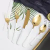 Flatware Sets 20Pcs White Gold Stainless Steel Cutlery Tableware Set Travel Dinnerware Dinner Forks Knives Spoons Silverware