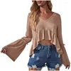 Women's Sweters Ruffle for Women Fashion 2022 Knit Sweter V-Neck Flered Rleeves Cropped Pullover Tops Jersey Mujer