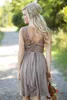 Strand knie lengte bruidsmeisje jurken chiffon kanten bemanning nek nek westerse land goedkope plus size formeel feest prom jurken avondjurken