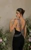 Sexig mantel Deep V Neck Black Jumpsuit Prom Dresses Backless Beadings Golvlängd Festklänning
