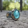 Vintage hand gegraveerd patroon ring voor vrouwen mode set blauwe steen zegel islamitische moslim sieraden