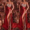 Sexy dunkelrote Meerjungfrau-Abschlussballkleider mit hohem Seitenschlitz und Pailletten, Satin, Abendpartykleid, formelle Kleider nach Maß