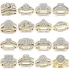 Полосы кольца свадьба 2pcs свадебный набор элегантное хрустальное обручальное кольцо роскошное золотое цвето