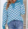 Sonbahar Örgü Dama Tahtası için Kadın Sweaters Baskı Uzun Kollu Yakası Düğmesi Gevşek Elbise Kazak Üstleri