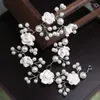 Pinzas para el cabello con perlas de imitación para mujer, diademas de Color plateado, flores de arcilla, Tiara hecha a mano, accesorios para tocado de boda