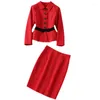 Arbetsklänningar Princess Kate Fashion Spring Autumn Högkvalitativ kvinnor Set Button Jacket Topps Pencil kjol Party Elegant Red 2 Piece Suit