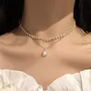 Rétro or argent couleur Simple tour de cou tempérament Double couche clavicule chaîne femme pendentif collier de perles pour femmes fille cadeau