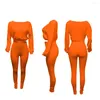 Tweedelige broek voor dames herfst 2 pc's dames lange mouw sportkleding massief kleur elastisch geribbelde crop top strak passende broek outfit set