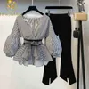 Damen Zweiteilige Hose Frühling Sommer 2 Stück Anzüge Damen Gestreifte Schleife Laterne Ärmel Bluse Schwarz Split Flare Ärmel Hosen Set S-3XL