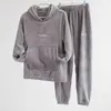 Salotto da notte da donna Pigiama caldo invernale da donna Set morbido peluche tinta unita con cappuccio manica lunga o collo tasche top pantaloni elastici in vita coperta 2 pezzi / set T221017