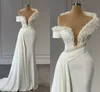 Beading Pearls Mermaid Wedding Dresses Elegant White Satin One Shoulder Peplum Boho Simple Bridal Gowns Rustic Second Reception Robes De Mariee