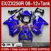 Wtryskowe Fairings Tank dla Kawasaki Ninja EX250R ZX250R 2009 2008 2012 2012 2012 ZX250 EX250 R 163NO.93 ZX-250R 08-12 EX ZX 250R 08 09 10 11 12 OEM Fairing Blue Factory BLK