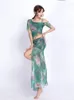 Stage Wear Tie-dyed Floral 2022 Women Class Off-shoulder Top And Skirt Side Slit Belly Dance Costume Set For Girls