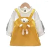 Fille Robes Automne Princesse Robe Pour Les Filles À Manches Longues Faux Deux Pièces Bretelles Coréenne Enfants Vêtements Teddy Bear Bébé Vestidos