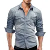 HOT2022 MEN DENIM SHIRT للرجال XXXL الدنيم الصلبة لون القطن الناعم الناعم النحيف صدر واحد الخريف قميص رعاة البقر من الذكور للارتداء اليومي G220511