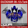 OEM Fairings Tank dla Kawasaki Ninja ZX250R EX ZX 250R ZX250 EX250 R 08-12 163NO.39 EX250R 08 09 10 11 12 ZX-250R 2009 2012 2012 2012 RAMINE FAIRING Blue Silvery Blk