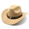 Berets Size 56-58CM Western Cowgirl Hat For Women Rolled Edge Cowboy Fedora Hats With Leather Wide Brim Autumn Wool Felt Luxury Man