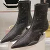 Stivaletti con tacco strano in cristallo glitterato per donna Scarpe da gladiatore con punta a punta e tacco alto Stivale corto da festa