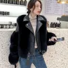 Frauen Pelz Top Mode Luxus FAUX Mantel Motorrad PU Leder Drehen Unten Kragen Warme Jacke Frauen 2022 Winter