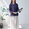 Etniska kläder blå vit kinesisk stil Hanfu toppar kimono kläder kvinnor zen linne casual blus skjortor orientaliska kofta jackor