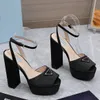 Satin platform pumps Triangle buckle decoration sandals chunky Heel Square toe 13cm high heeled classic Women Luxury Designers party block shoe factory footwear