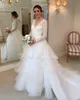 Vinage Lace A Line Wedding Dresses Sheer Long Sleeve V Neck Overskirt Train Bridal Party Gowns For Garden Country Robe De Marriage