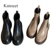 أحذية Kanseet Women Women Round rowe toe مرونة جلدية حقيقية في الكاحل أزياء الخريف المشمش شتاء الكعب الكثيف للسيدة 221014