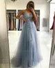 Stunning Pink Chamapgne Blue Prom Dresses A Line Spahgetti Straps Split Evening Gowns With Beads Sequins Backless Party Vestidos BC5488