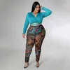 Moda impressa plus size 5xl Fat Women Racksuits Autumn Duas peças roupas Sexy Deep V Crop Crop e calças apertadas Terno casual