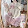 Kobiety sleep salon kobiet flanelowa piżama sceny zima gruba kokardka słodka blachy do snu Długie rękawy i spodnie Księżniczka luźna pluszowa piżama salon t221017