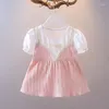 Flickaklänningar 2022 Girls Spring and Autumn Little Western Style Fashionable College Puff Princess Dress Solid Color Cute Temperament Kjol