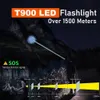 Фонарики Фонари T900 Мощный светодиодный фонарик Фонарик на 5000 метров Жесткий свет Тактические фонари 21700 Аккумулятор с регулируемой яркостью Водонепроницаемая лампа дальнего действия L221014