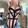 Tanks pour femmes Plus Taille Siamois Creux Bandage Maillot De Bain Sexy Lingerie Femmes Noir Trois Points Body En Cuir Dos Nu Érotique Zipper Latex